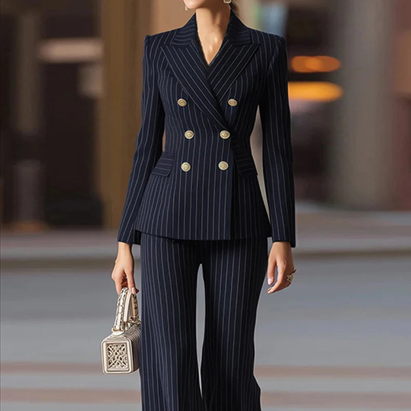 Modigirl formel 2 pièces Blazer pantalon costumes pour dames 2025 automne hiver mode tenue de bureau femmes rayé veste ensembles tenue - Lencensa 