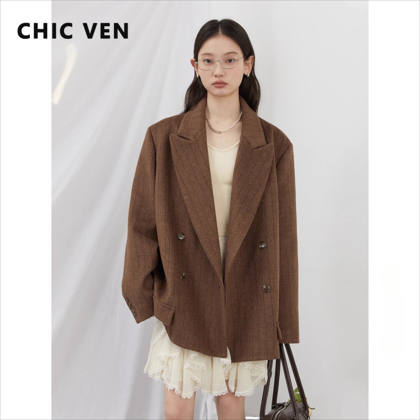 CHIC VEN-Blazer en laine vintage pour femme, veste à col en V, double boutonnage imbibé, manteau de bureau pour femme, printemps, automne, 2025 - Lencensa 