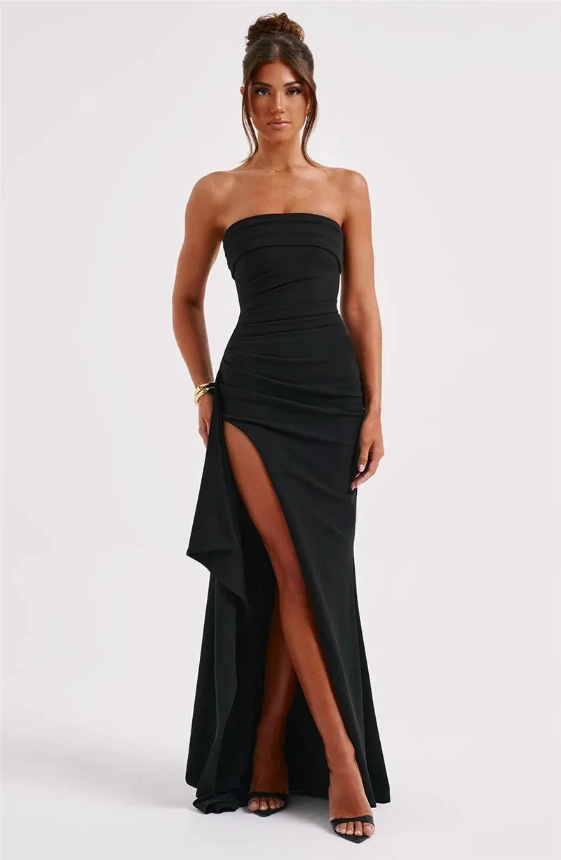 Mozision – robe longue noire sans bretelles, dos nu, fente haute, épaules dénudées, sans manches, moulante, tenue de soirée en boîte de nuit