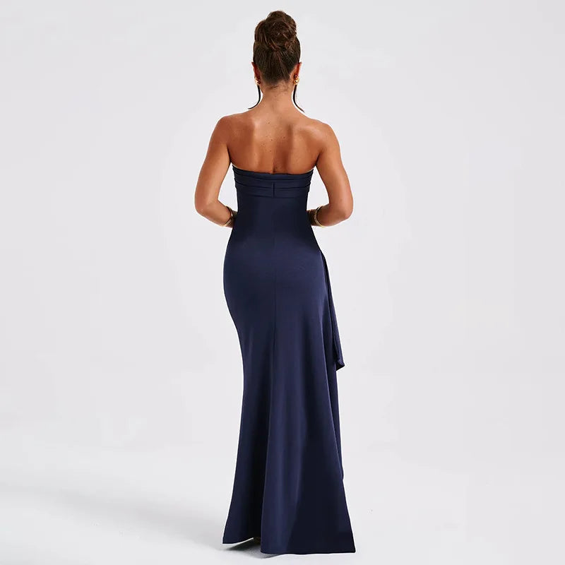 Robe Maxi fendue, épaules dénudées, élégante, taille haute, tenue de Club pour femmes, Sexy, sans bretelles, robe froncée