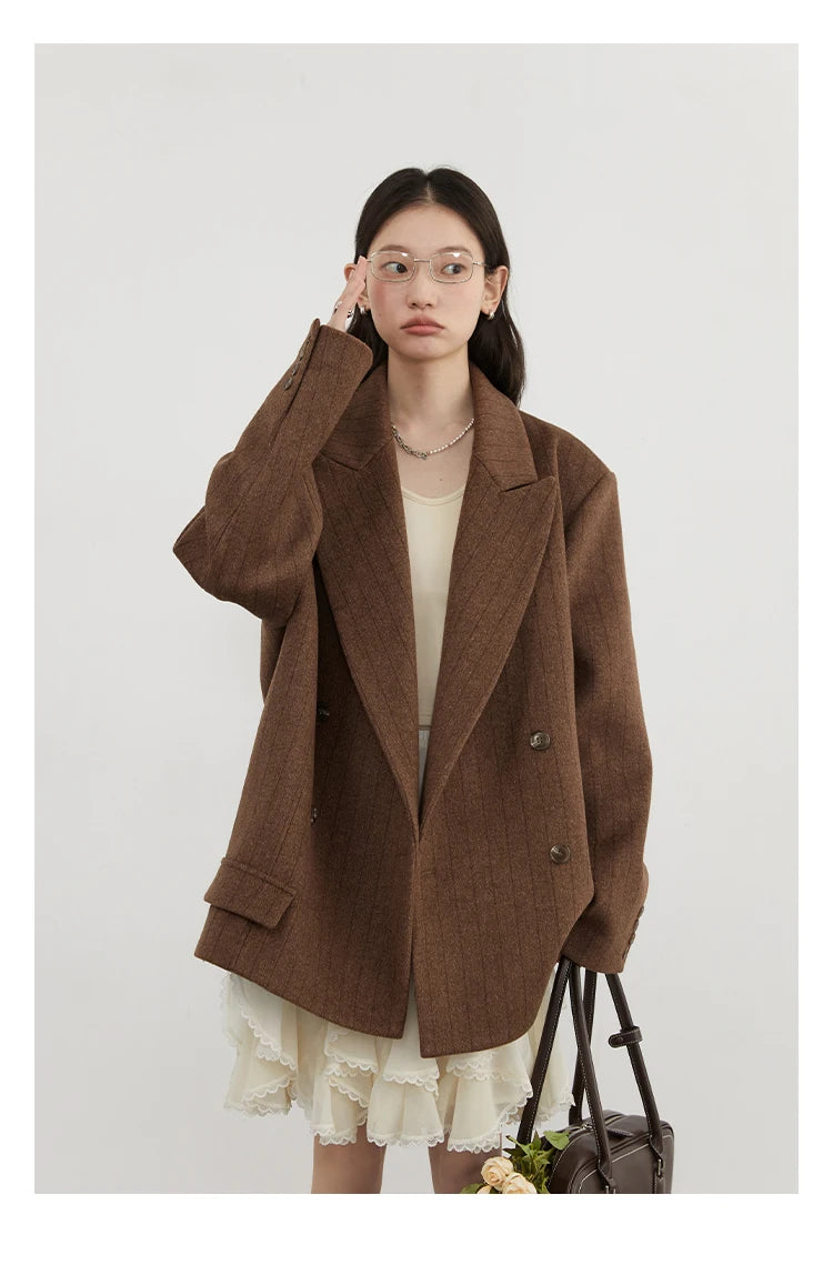 CHIC VEN-Blazer en laine vintage pour femme, veste à col en V, double boutonnage imbibé, manteau de bureau pour femme, printemps, automne, 2025 - Lencensa 