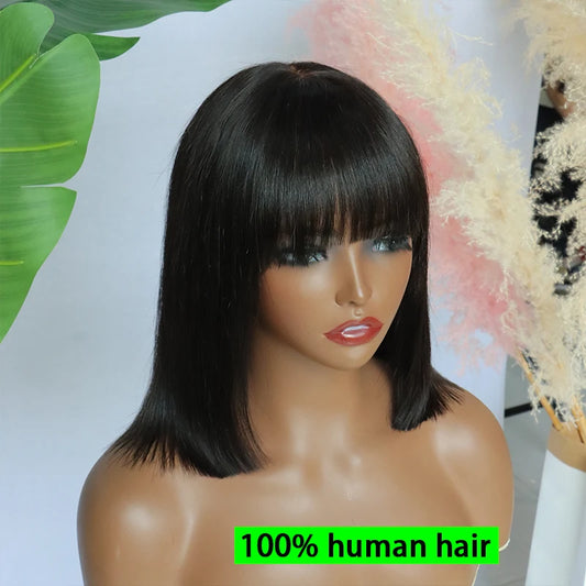 Perruque Bob avec frange cheveux humains os droit dentelle transparente partie centrale Bang perruque améliorée sans colle perruque de dentelle pour les femmes brésiliennes