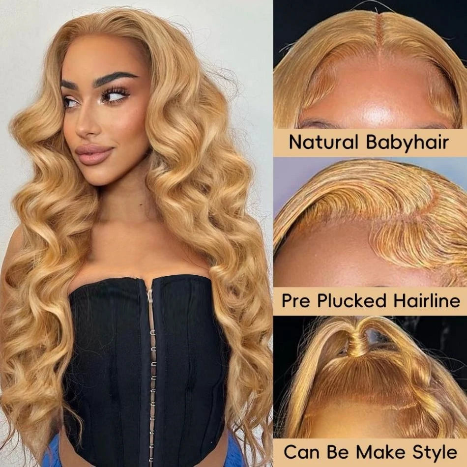 Perruque Lace Front Wig Body Wave brésilienne naturelle, cheveux humains, couleur blond miel, 13tage, #27, 13x6, pre-plucked, pour femmes