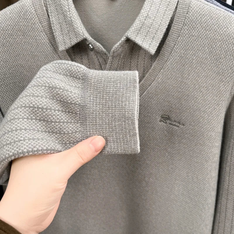 Marque de luxe hommes en peluche faux deux pièces à manches longues tricoté pull hiver nouvelle couleur unie imprimé chaud mode affaires vêtements pour hommes - Lencensa 