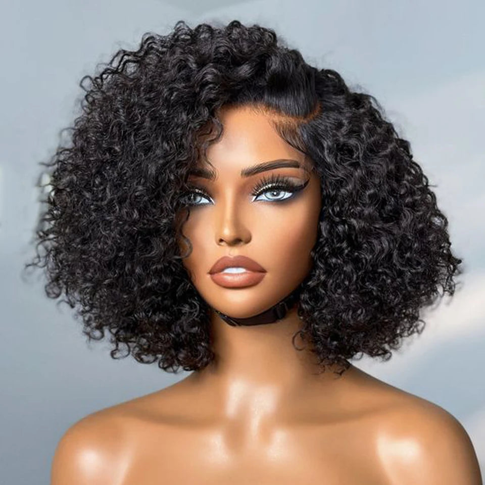 Perruque Bob Lace Wig Péruvienne Naturelle pour Femme Africaine, Cheveux Crépus Bouclés, Deep Curly, Baby Hair, Pixie Water Wave