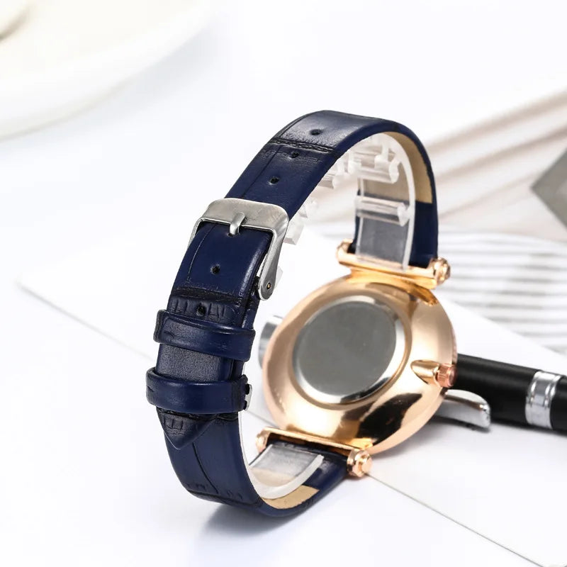 Montre à Quartz Analogique avec Ceinture en Cuir et Diamant pour Femme, Accessoire de Luxe