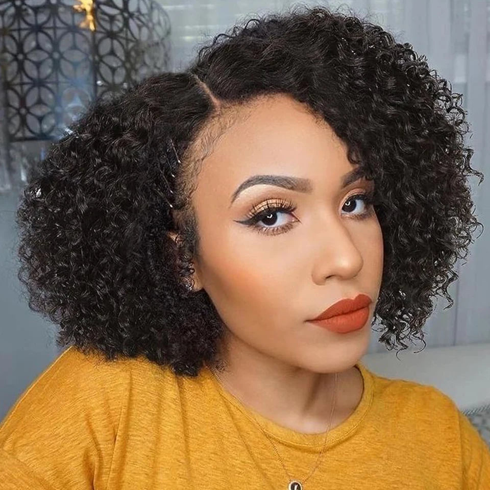 Perruque Bob Lace Wig Péruvienne Naturelle pour Femme Africaine, Cheveux Crépus Bouclés, Deep Curly, Baby Hair, Pixie Water Wave