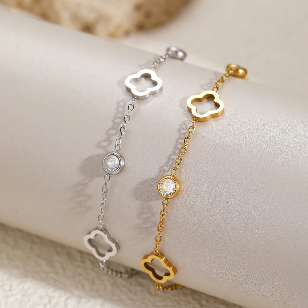 Bracelet porte-bonheur en acier inoxydable, trèfle creux en cristal et zircone, Design Simple et généreux, bijoux de poignet pour femmes, usage quotidien