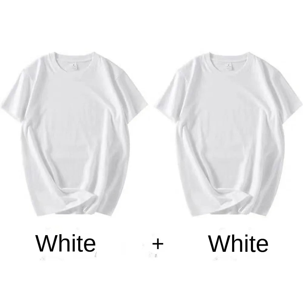 Lot de 2 T-Shirts Couple 100% Coton - Manches Courtes Blanc Unisexe Col Rond - Lencensa 