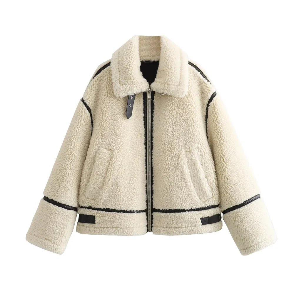 Veste Moto Femme avec Fourrure Artificielle - Manteau Style Européen Automne 2024