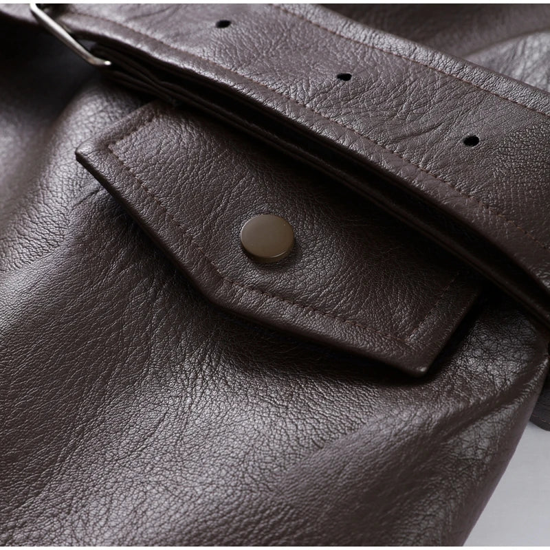 Veste Femme en Cuir Marron avec Ceinture - Style Motard Automne