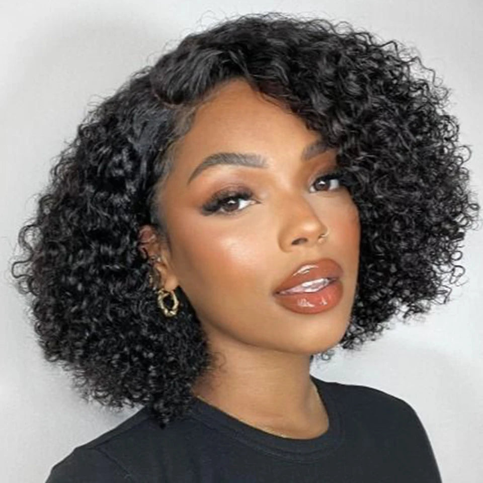 Perruque Bob Lace Wig Péruvienne Naturelle pour Femme Africaine, Cheveux Crépus Bouclés, Deep Curly, Baby Hair, Pixie Water Wave