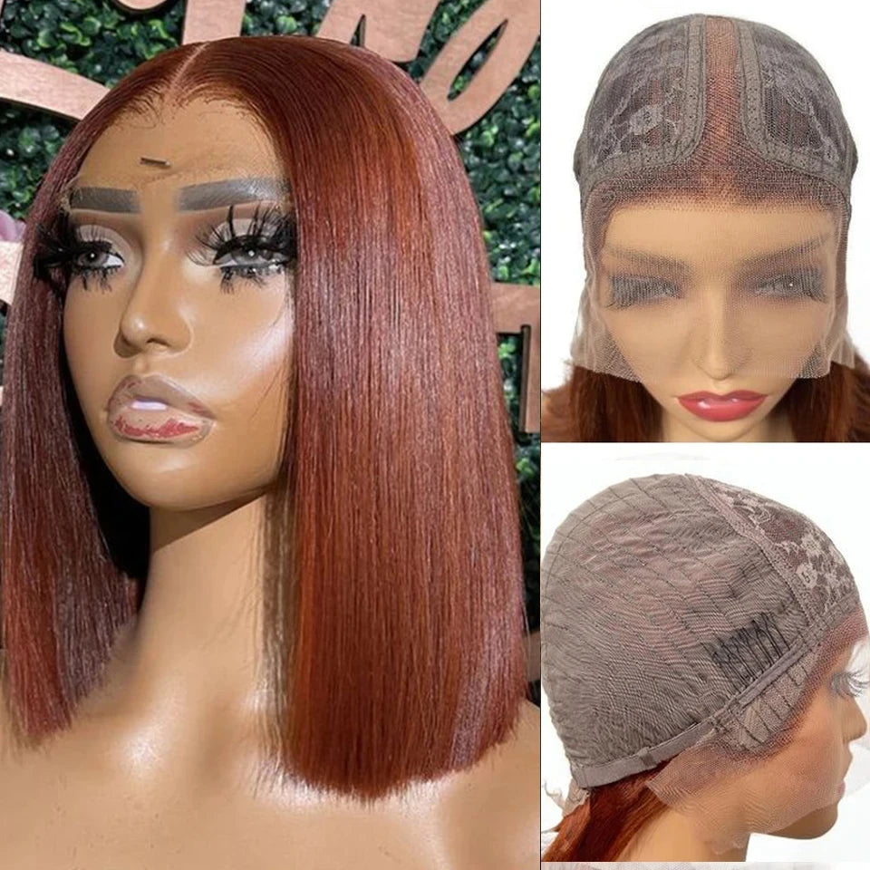 Rebecca-Perruque Bob Péruvienne Naturelle Courte, Cheveux Lisses, Brun Rousse 33, 13x6x1 T, pour Femme