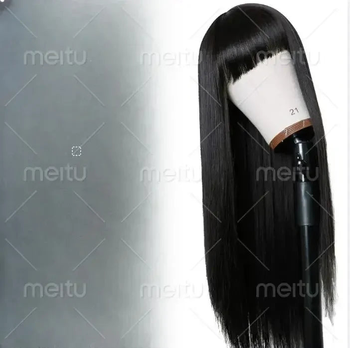 Perruques synthétiques Remy longues et lisses, perruque en Fiber noire naturelle résistante à la chaleur avec frange, pe
