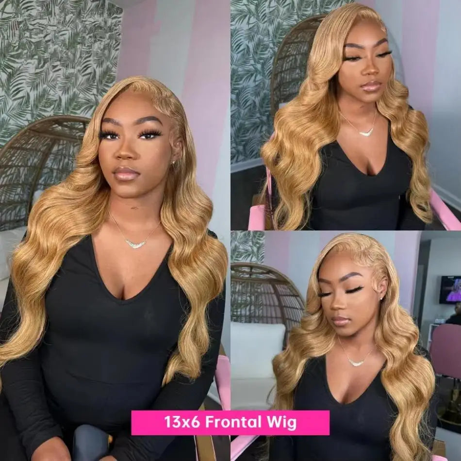 Perruque Lace Front Wig Body Wave brésilienne naturelle, cheveux humains, couleur blond miel, 13tage, #27, 13x6, pre-plucked, pour femmes