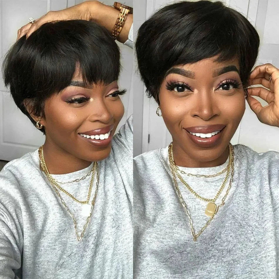 Perruque Naturelle Courte avec Frange pour Femme Noire, Cheveux Lisses, Coupe Pixie, Faite à la Machine, Bon Marché