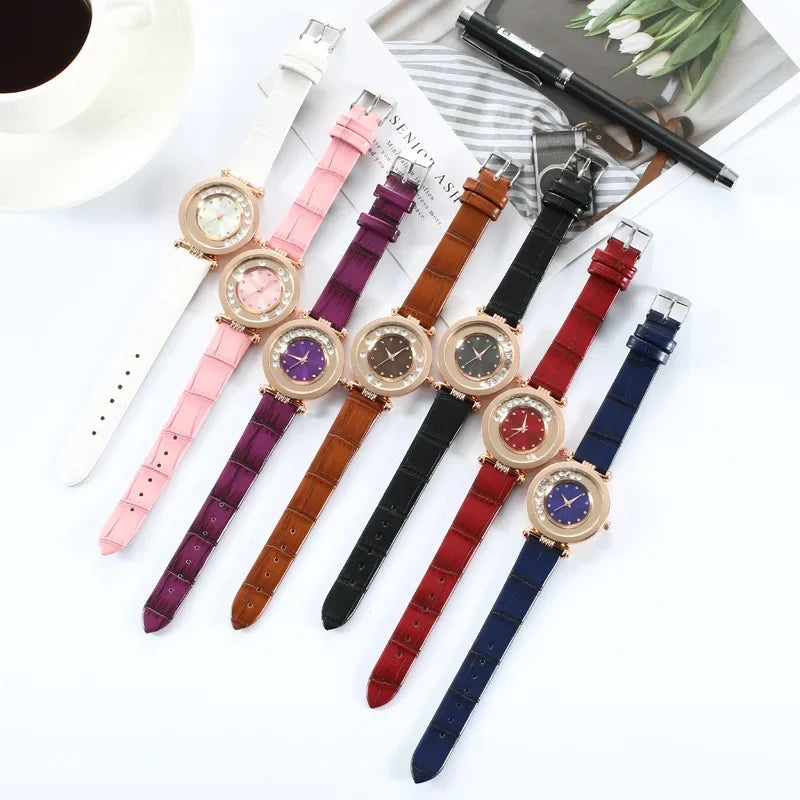 Montre à Quartz Analogique avec Ceinture en Cuir et Diamant pour Femme, Accessoire de Luxe