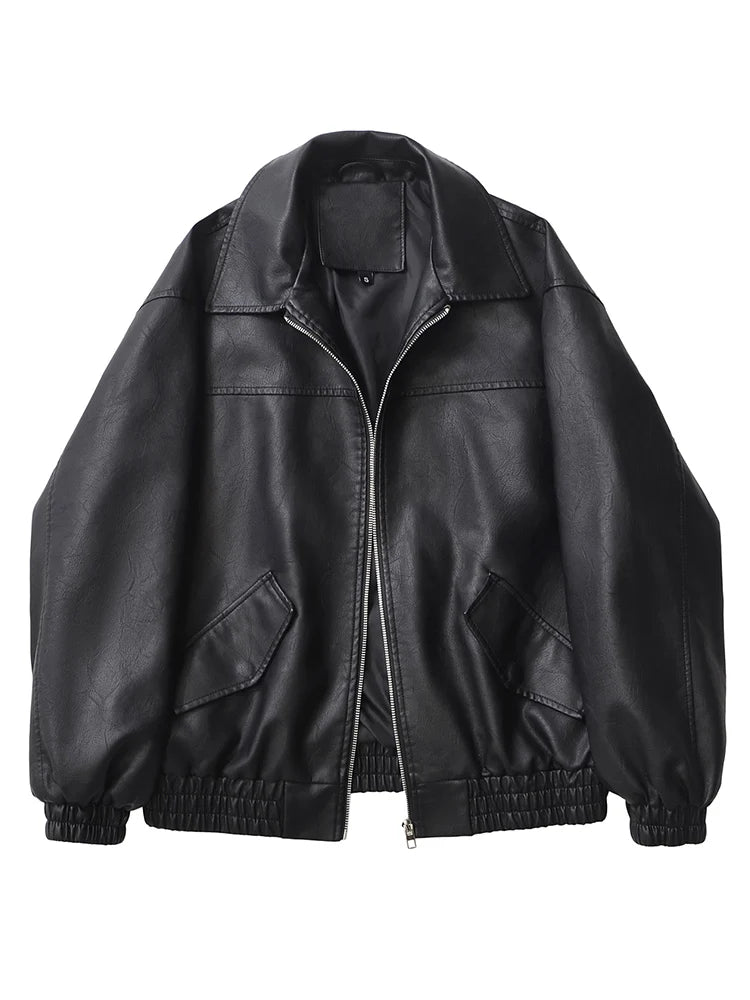 Ailegogo streetwear femmes Vintage Loose court pu faux cuir veste printemps automne femmes zip manteau Vintage moto vélo manteau