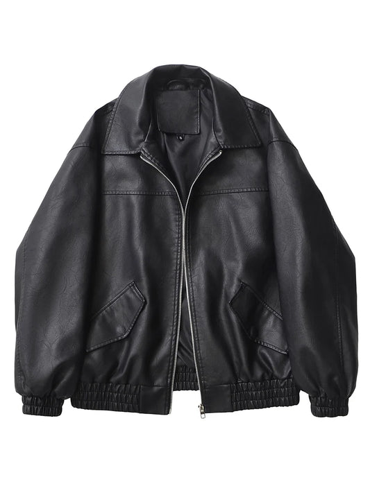 Ailegogo streetwear femmes Vintage Loose court pu faux cuir veste printemps automne femmes zip manteau Vintage moto vélo manteau