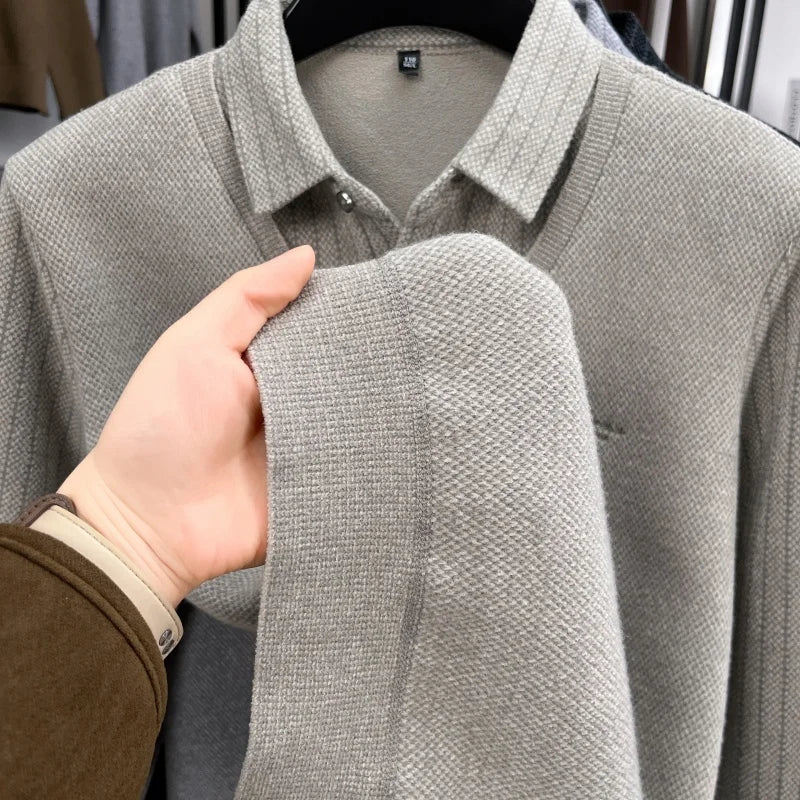 Marque de luxe hommes en peluche faux deux pièces à manches longues tricoté pull hiver nouvelle couleur unie imprimé chaud mode affaires vêtements pour hommes - Lencensa 