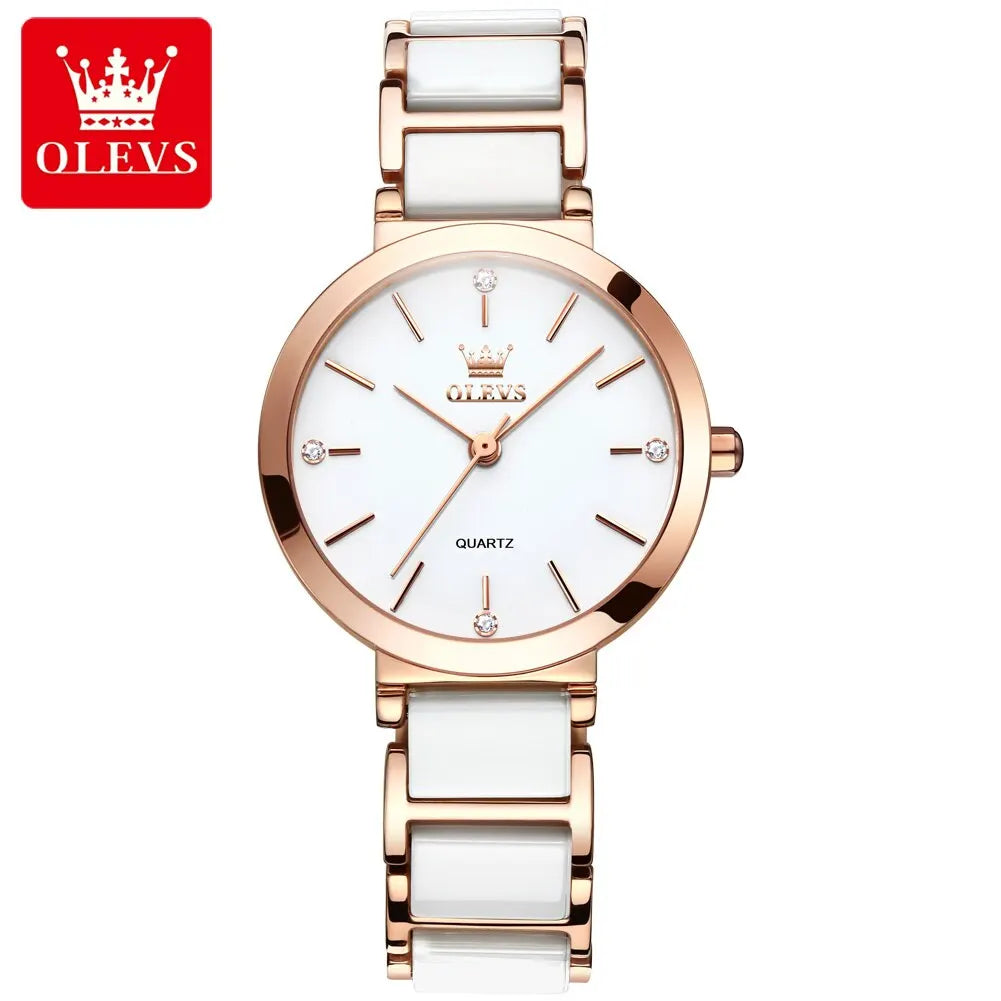 OLEVS-Montre-bracelet de luxe en or rose pour femme, montre-bracelet à quartz pour femme, horloge à bracelet en céramique, mode féminine