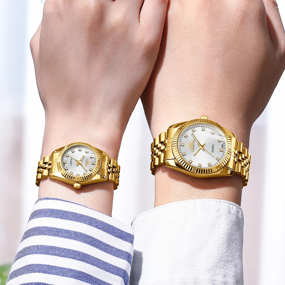 CHENghts-Montre de couple à quartz en acier inoxydable doré pour femme, horloge de luxe
