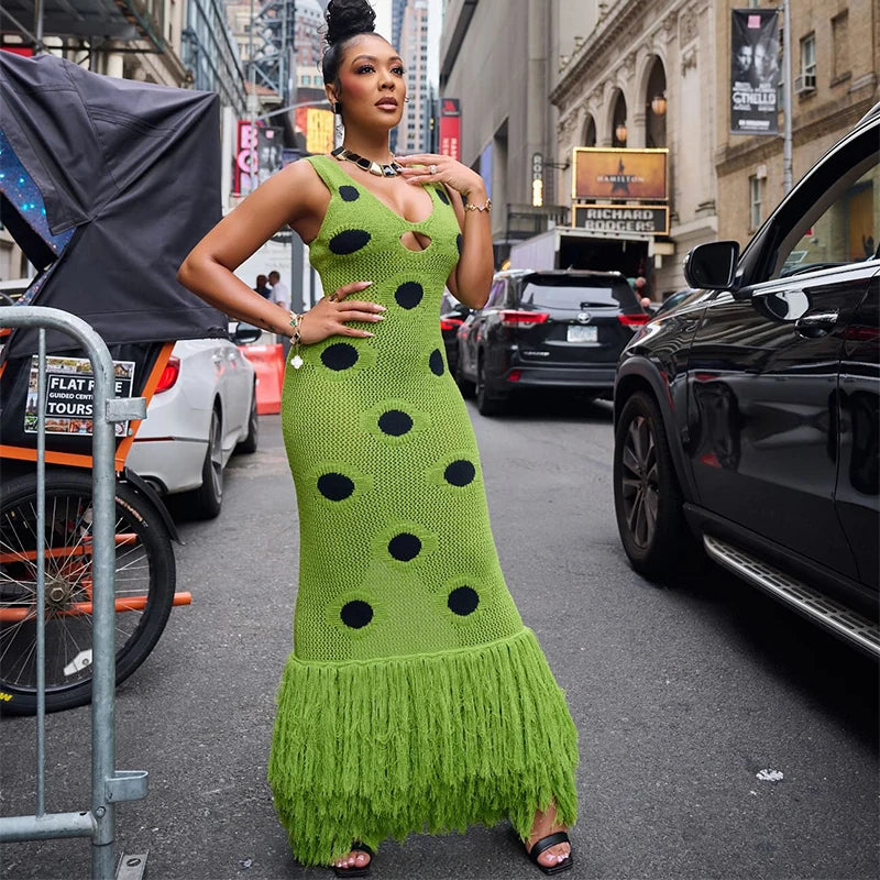 Femmes Sexy voir à travers tricoté Maxi robe évider col profond Pot Robes gland ourlet fourchette fête robes 2025 nouvelle dame Club robe