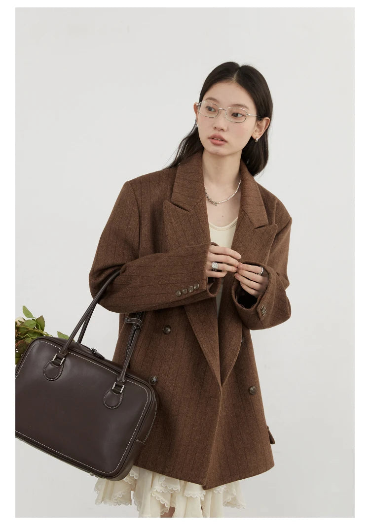 CHIC VEN-Blazer en laine vintage pour femme, veste à col en V, double boutonnage imbibé, manteau de bureau pour femme, printemps, automne, 2025 - Lencensa 