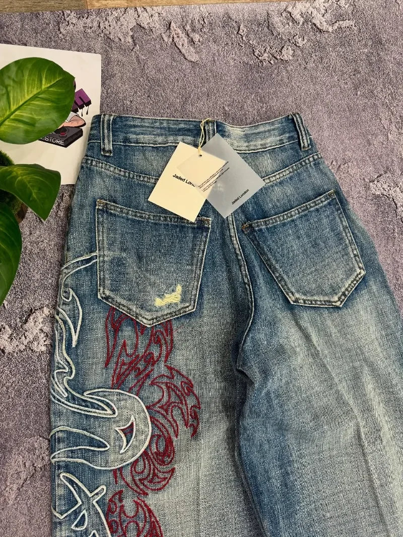 Y2K américain nouveau modèle broderie Baggy jean hommes haute rue Vintage Hip Hop mode décontracté Joker Couple pantalon à jambes larges