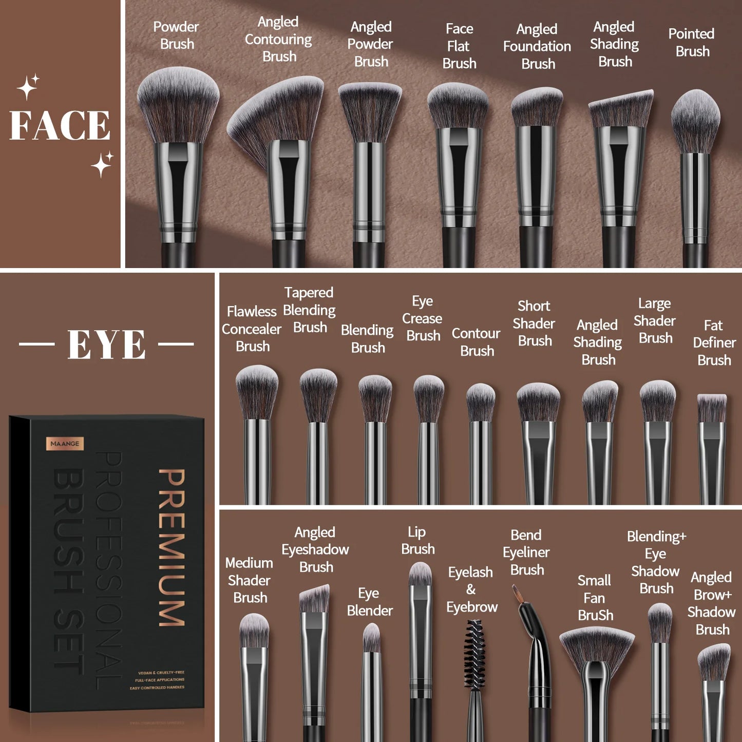 MAANGE-Kit de pinceaux de maquillage professionnels, brosses de beauté pour le visage, les yeux, le fond de teint, le fard à barrage, le contour, coffret cadeau, 25 pièces - Lencensa 