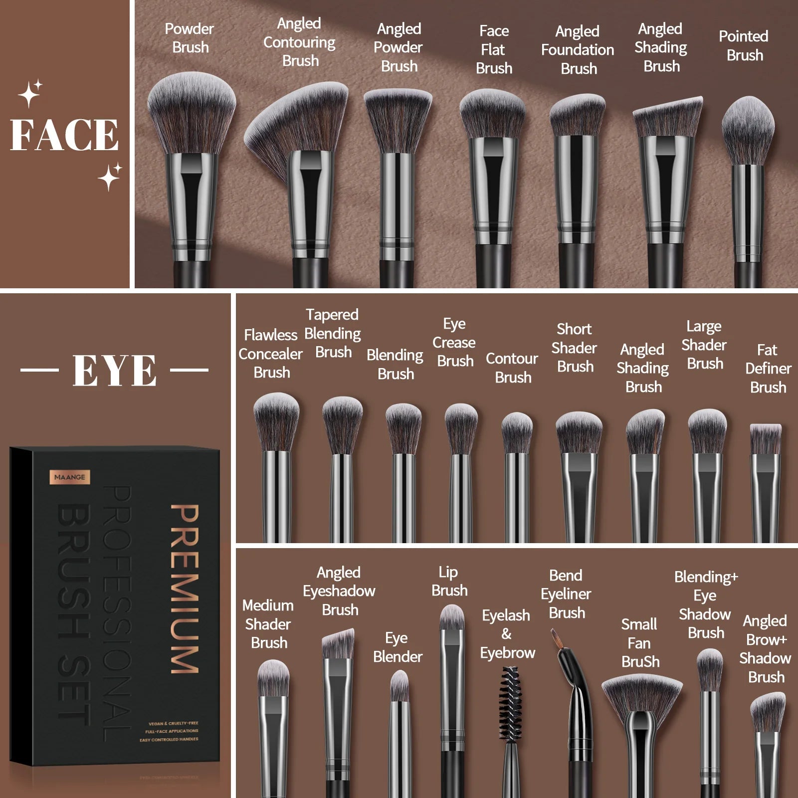 MAANGE-Kit de pinceaux de maquillage professionnels, brosses de beauté pour le visage, les yeux, le fond de teint, le fard à barrage, le contour, coffret cadeau, 25 pièces - Lencensa 