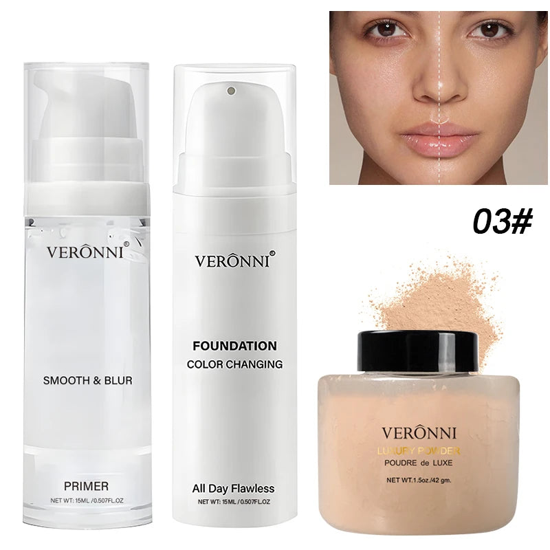 Kit de maquillage pour le visage, 3 pièces, comprend un fond de teint liquide à couverture complète de 15ml, primaire de maquillage hydratant et une poudre libre, résistant à la sueur