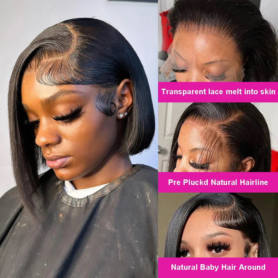 Perruque Bob brésilienne courte 13x4 dentelle frontale perruque de cheveux humains pour les femmes perruques Bob transparentes 200% densité droite Bob perruques 14 16 pouces