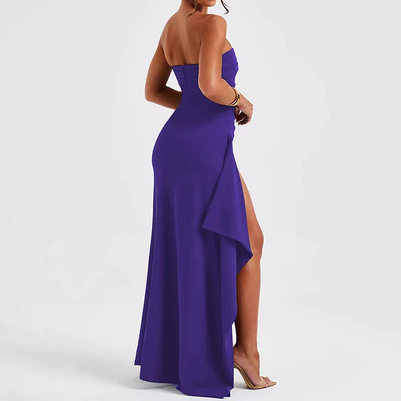Robe Maxi fendue, épaules dénudées, élégante, taille haute, tenue de Club pour femmes, Sexy, sans bretelles, robe froncée