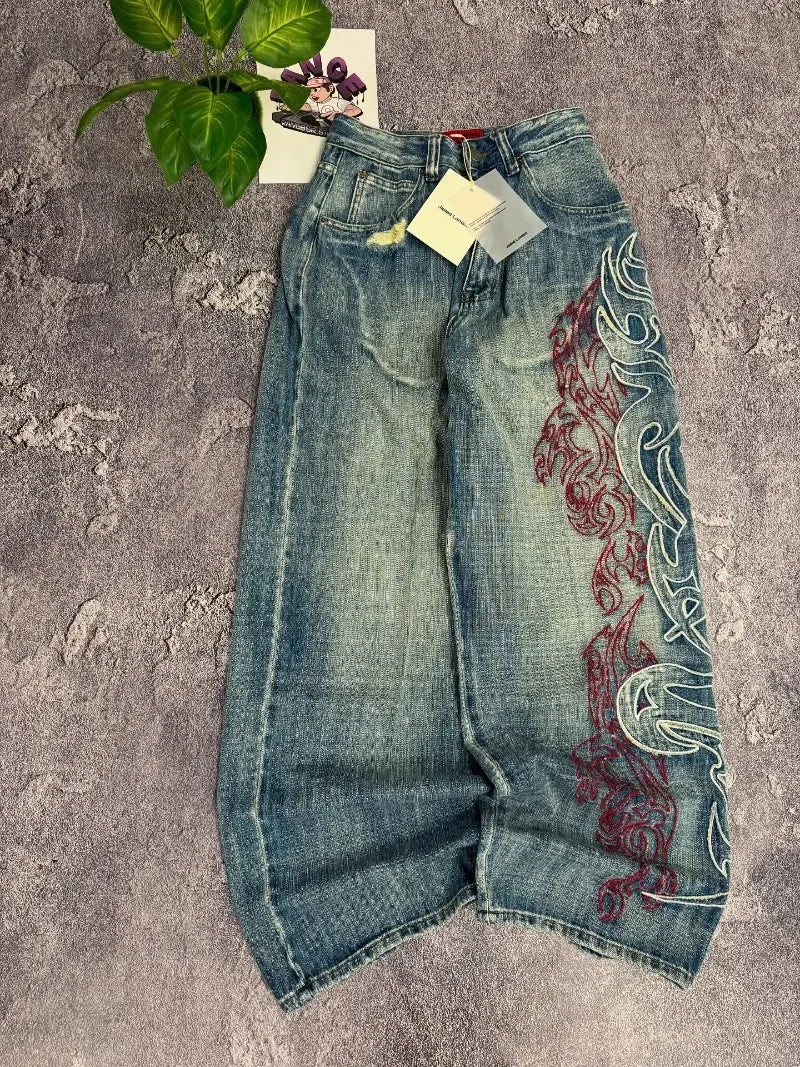 Y2K américain nouveau modèle broderie Baggy jean hommes haute rue Vintage Hip Hop mode décontracté Joker Couple pantalon à jambes larges