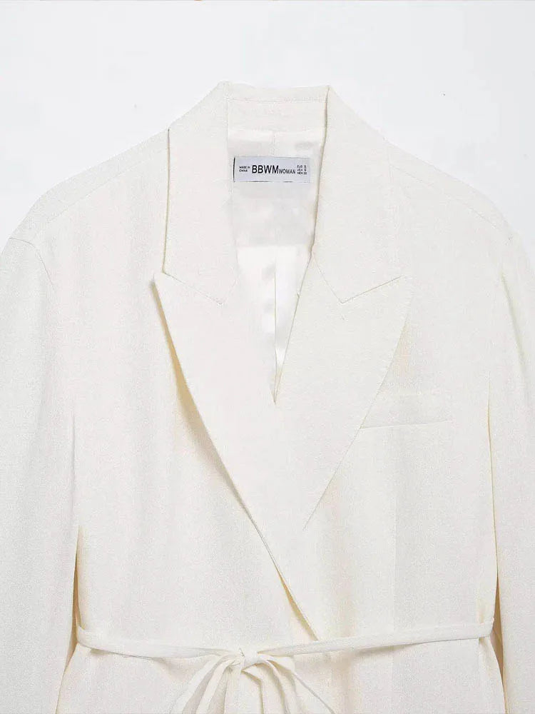 HH – costumes pour femmes, col rabattu blanc, manches longues, blazer à lacets + pantalon Long taille haute avec fermeture éclair, ensembles de mode printemps - Lencensa 