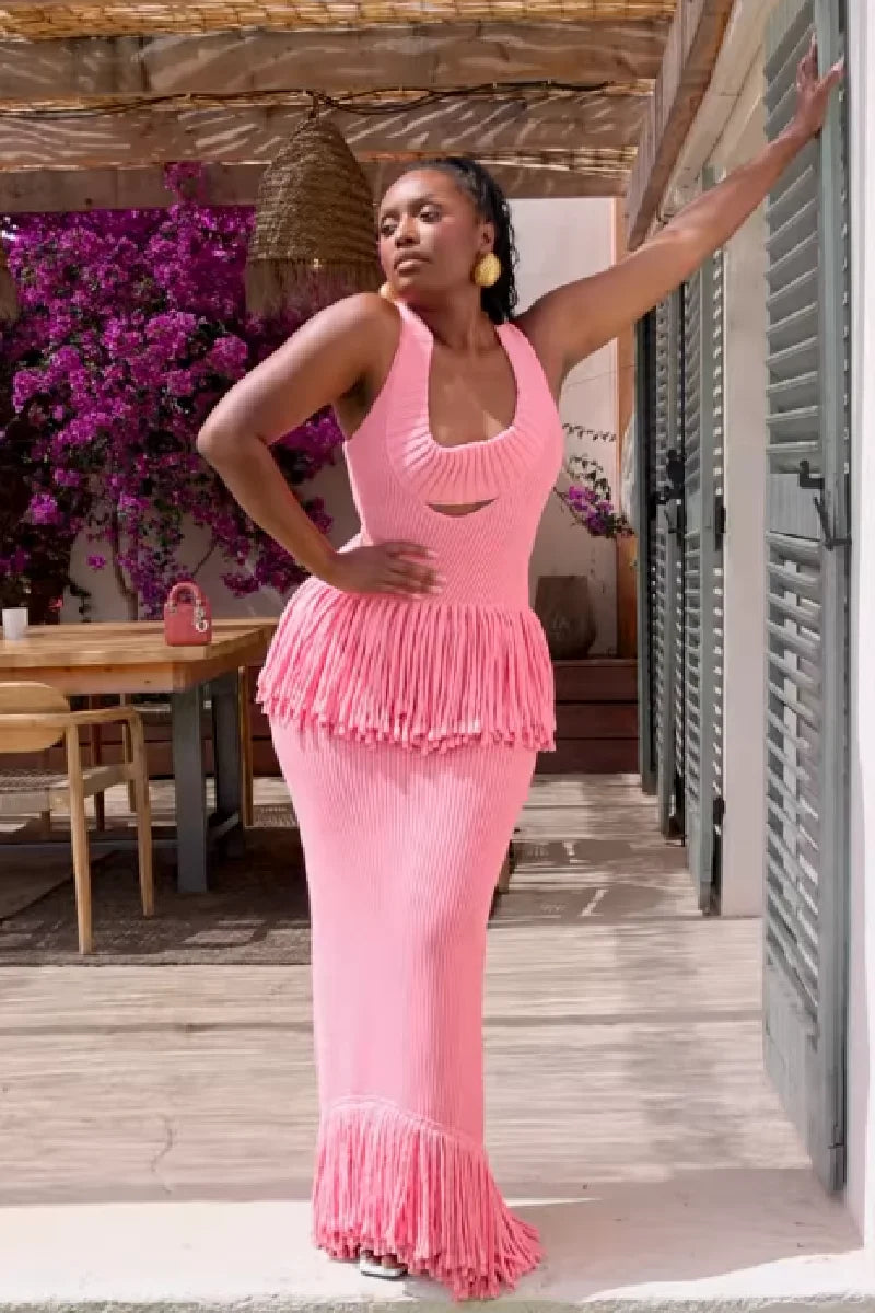 Femmes Sexy voir à travers tricoté Maxi robe évider col profond Pot Robes gland ourlet fourchette fête robes 2025 nouvelle dame Club robe