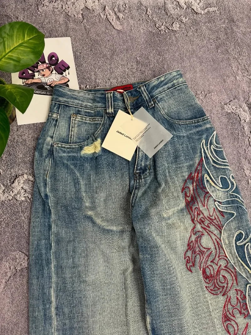 Y2K américain nouveau modèle broderie Baggy jean hommes haute rue Vintage Hip Hop mode décontracté Joker Couple pantalon à jambes larges