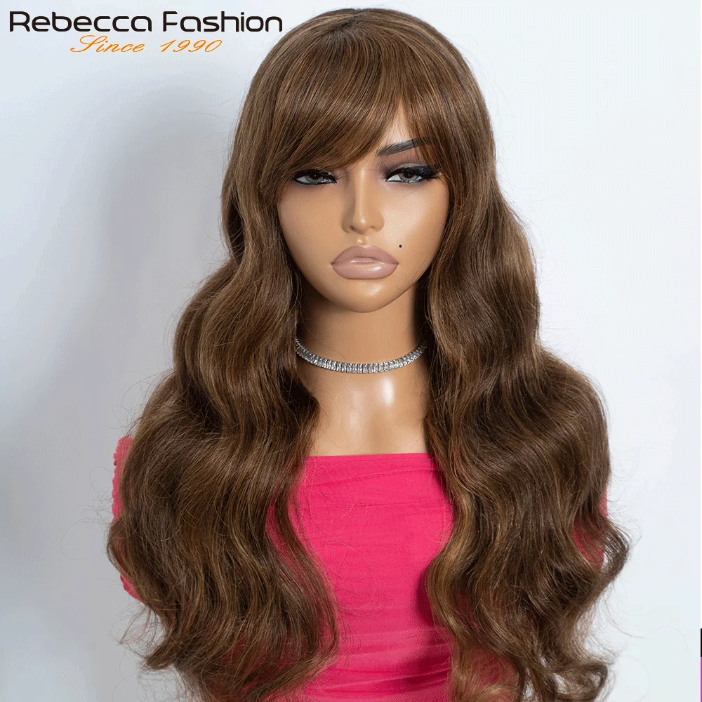 Perruque brésilienne de cheveux humains de vague de corps de densité 180% avec la frange porter pour aller perruques de cheveux humains brun naturel pour les femmes perruque profonde lâche - Lencensa 