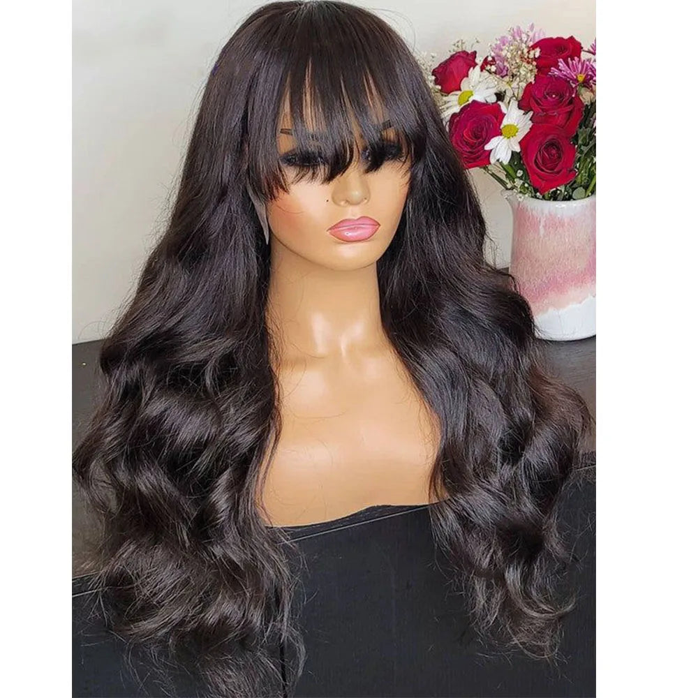 Perruque brésilienne Body Wave avec frange pour femme, perruques de cheveux humains, fabriquée à la machine, document naturel, 100%