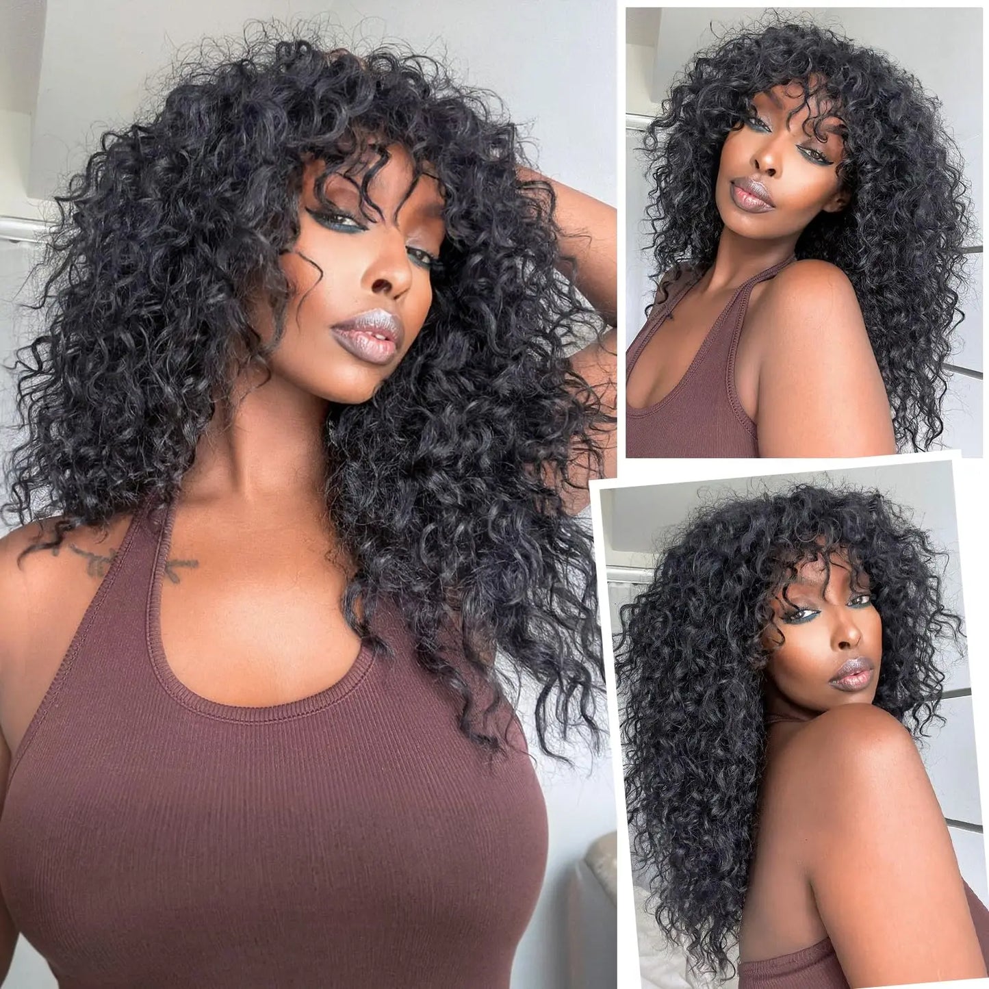 Perruque Brésilienne Ondulée avec Frange pour Femme Noire, Cheveux Naturels Bouclés, Bon Marché, 12A, en Promotion