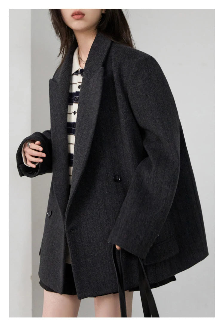 CHIC VEN-Blazer en laine vintage pour femme, veste à col en V, double boutonnage imbibé, manteau de bureau pour femme, printemps, automne, 2025 - Lencensa 