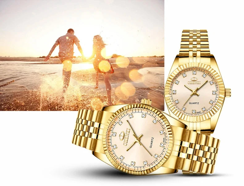 CHENghts-Montre de couple à quartz en acier inoxydable doré pour femme, horloge de luxe