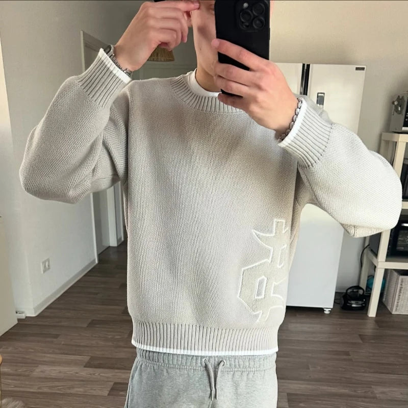 Y2K col rond gris tricoté pull nouveau modèle de symbole populaire rétro Harajuku pull automne hiver chaud Boxy vêtements pour hommes - Lencensa 