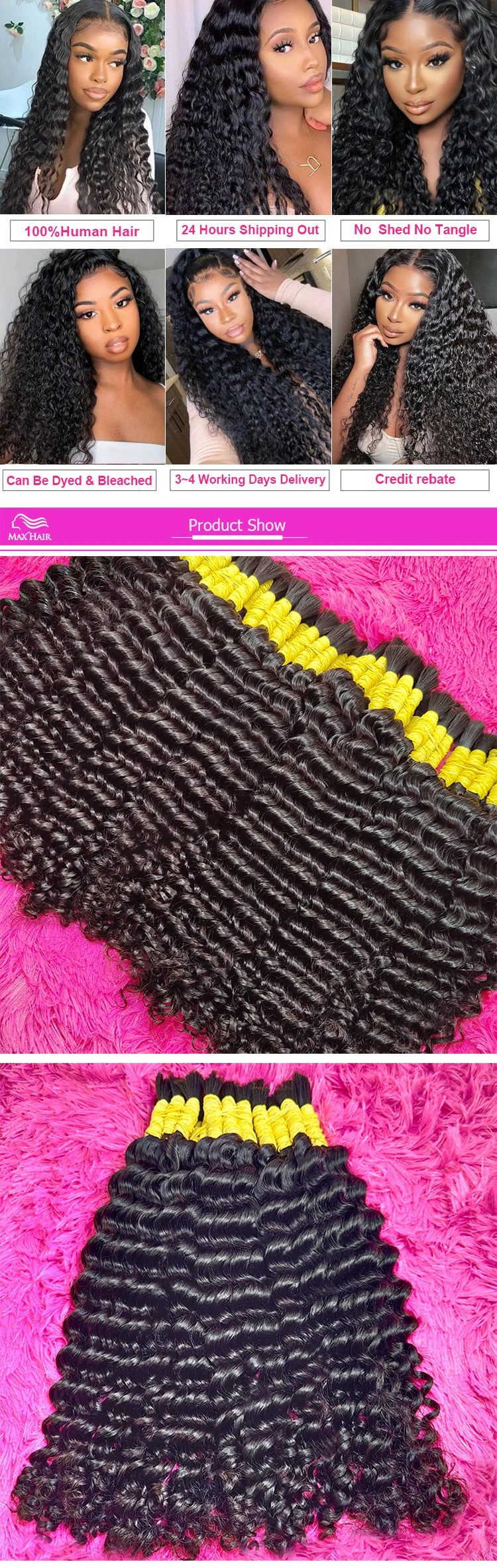 Perruque Cheveux Indiens Humains Bouclés pour Tressage, Extensions de Cheveux Humains, Deep At Wave, 100% Vrac