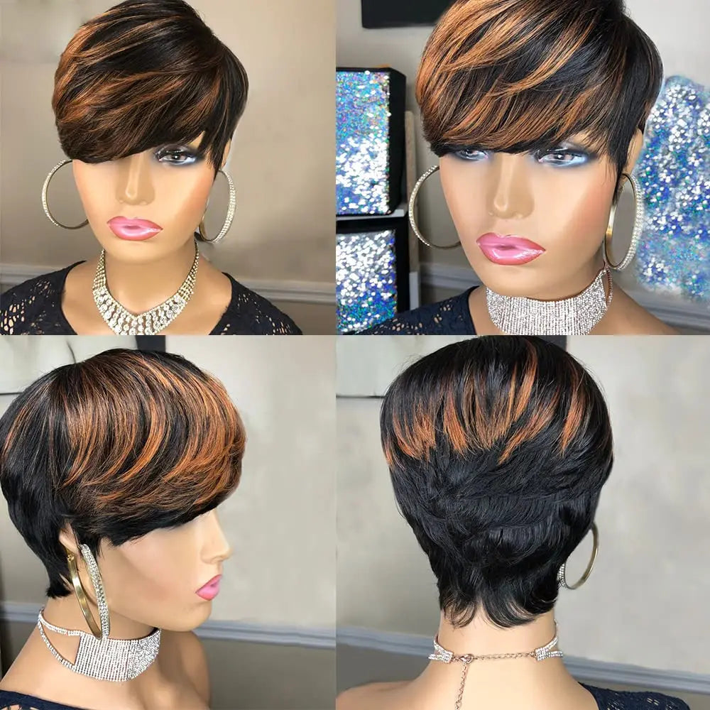 Perruque Courte avec Frange pour Femme, Coupe Pixie en Couches, Entièrement Fabriquée à la Machine