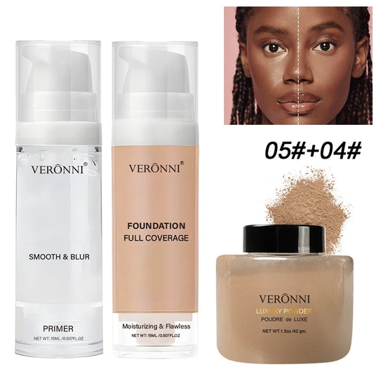 Kit de maquillage pour le visage, 3 pièces, comprend un fond de teint liquide à couverture complète de 15ml, primaire de maquillage hydratant et une poudre libre, résistant à la sueur