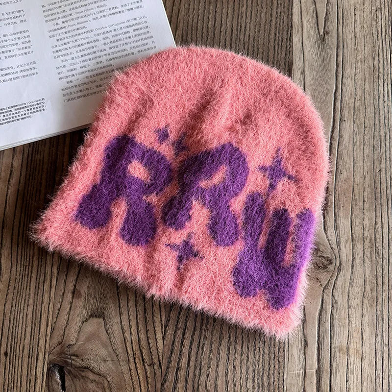 Bonnets en peluche moelleux pour hommes et femmes, lettre Y2K, bonnets froids mignons, casquettes pour hommes et femmes, hiver élégant, tricot tendance, hip hop, garder les oreilles au chaud, mâle, 2024 - Lencensa 