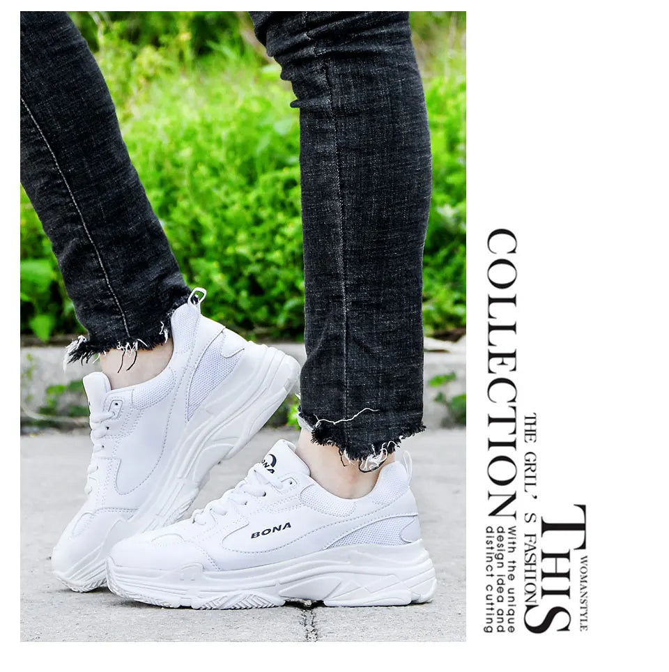Baskets Femme Blanches Plateforme - Chaussures Plates Décontractées