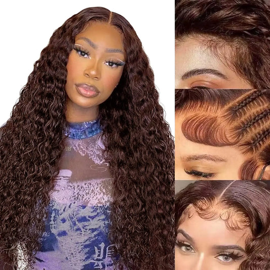 FABA-Perruques de cheveux humains bouclés brun chocolat pour femmes, vague profonde avec cheveux de bébé, perruque avant en dentelle transparente HD, cheveux brésiliens humains